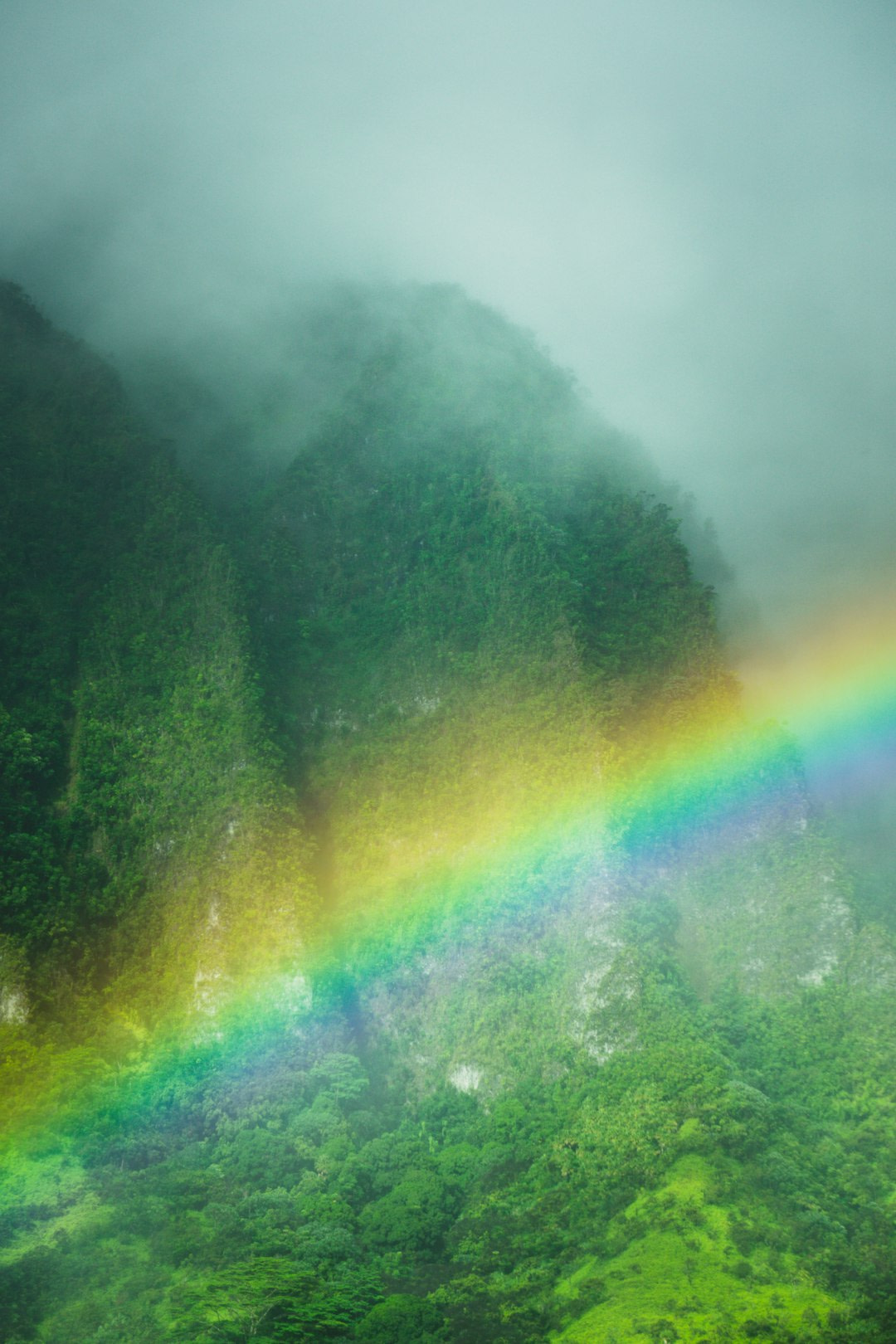 A rainbow arcs over the lush, green mountains.
